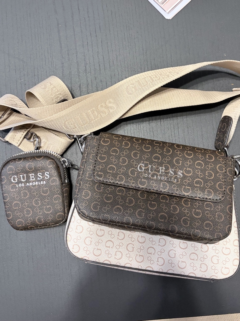 GUESS Brown Logo Belt Bag with Beige Strap